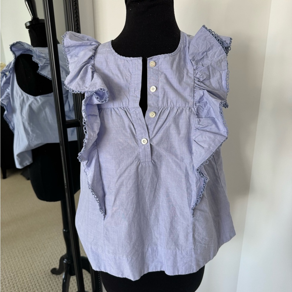 J Crew  Ruffled Blue Top size 2 euc